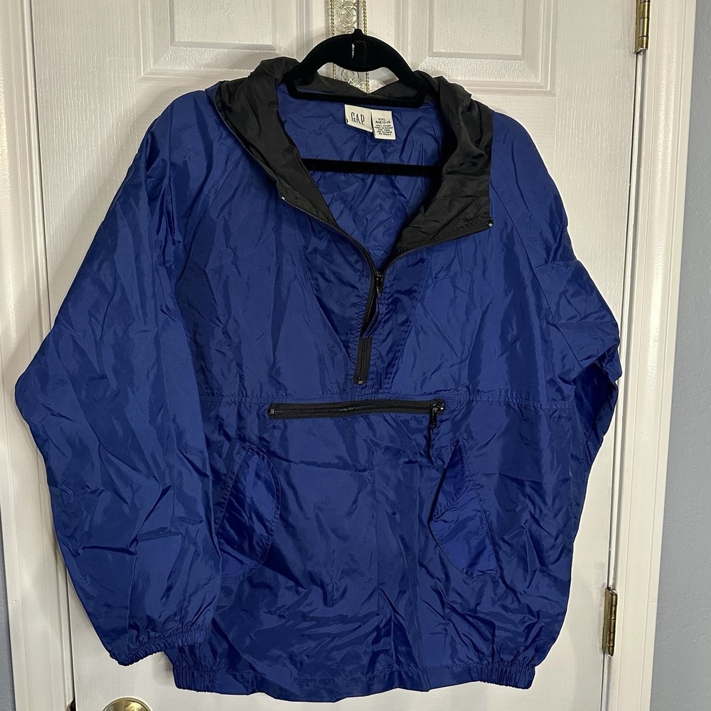 VTG Gap Kids XXL (14-16) Blue Spring Rain Jacket Pullover Zip Pockets Hooded